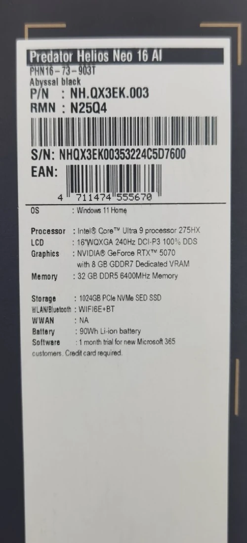 PREDATOR ULTRA 9 275HX RTX 5070 32GB 6400MHZ 1TB SSD 16" QHD 240HZ