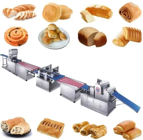 Ligne de production du pain industriel, madeleine, croissants  et de pain au lait moelleux.