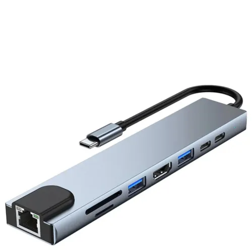 ADAPTATEUR TYPE C 8 IN 1 TO HDMI 4K TO RJ45 TO USB3.0+LECTEUR CARTE