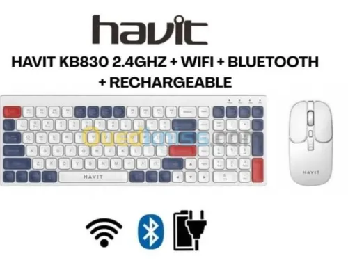 HAVIT COMBO CLAVIER SOURIS SANS FIL RECHARGEABLE 2.4/BT/ modele  KB830WB