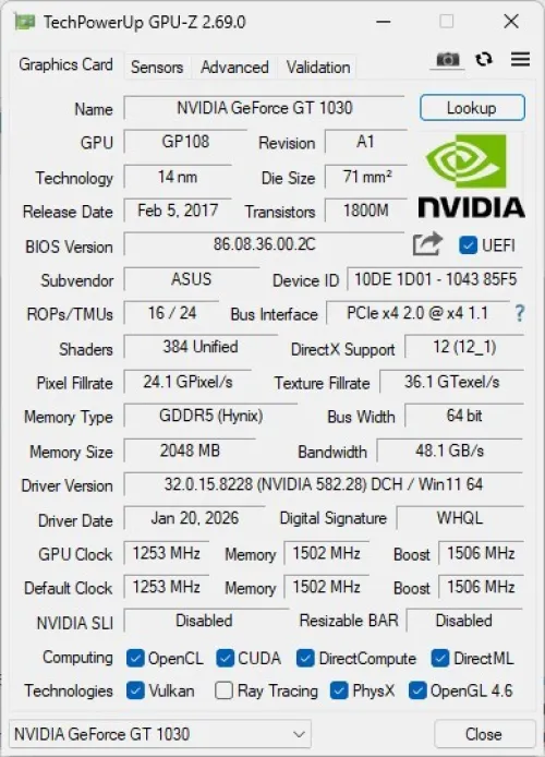 Carte Graphique ASUS Phoenix OC GT 1030 2GB GDDR5