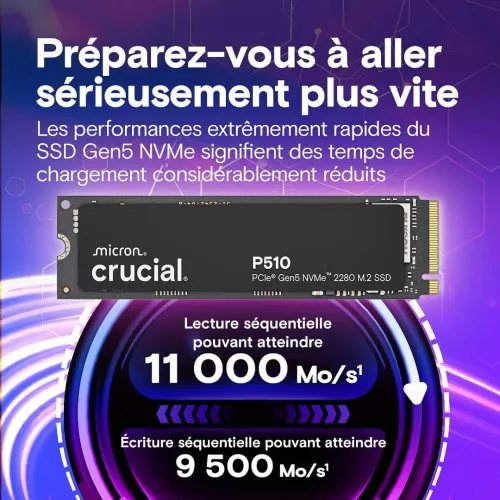 SSD Crucial P510 1TB NVMe M.2 PCIe 5.0 x4 Gen5, Read/Write Speeds up to 11,000/9,500 MB/s