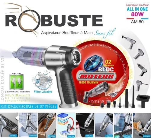Aspirateur Souffleur Sans Fil, Double Batterie Avec 7 Accessoires Robuste Pour Maison, Voiture Et Bureau