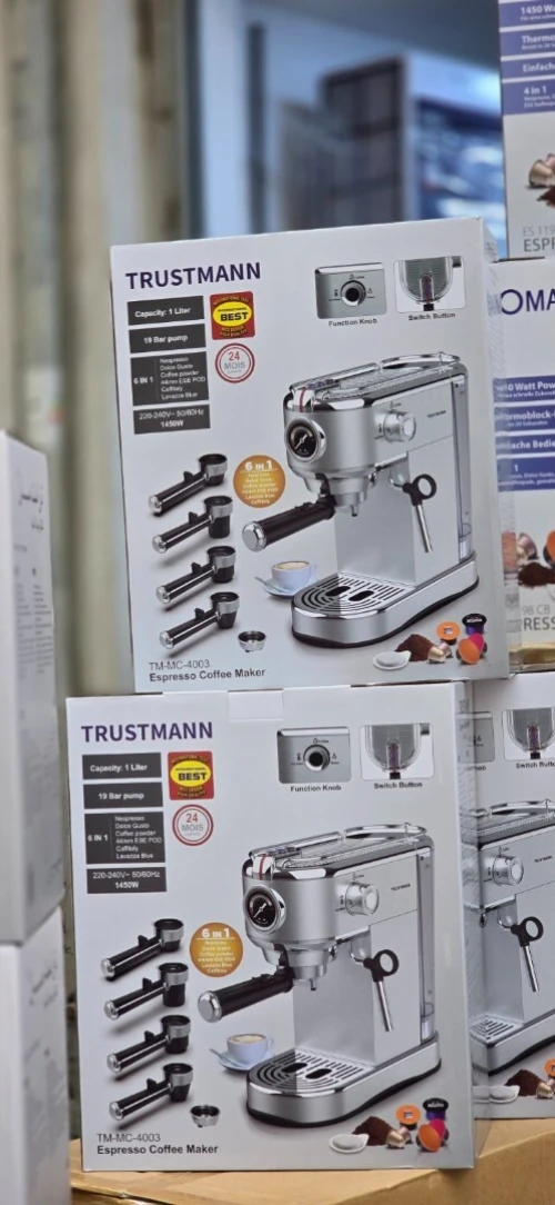 Machine à Café Espresso TRUSTMANN 6En1 ,Pompe 19 Bars, Capacité 1L, Acier Inoxydable