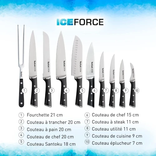 Serie Couteaux Tefal Ice Force Ensemble 11 Pièces, Lames en Acier Inoxydable Allemand, Coupe et Tranchant Haute Performance