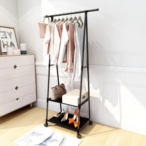 Porte Vêtements Roulant Avec Etagère Et Roulettes Verrouillables