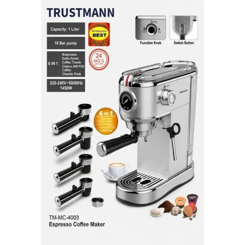 Machine à Café Espresso TRUSTMANN 6En1 ,Pompe 19 Bars, Capacité 1L, Acier Inoxydable