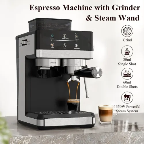 Machine A Expresso Professionnelle Avec Broyeur Intégré, 20 Bars Avec Mousseur , En Acier Inoxydable