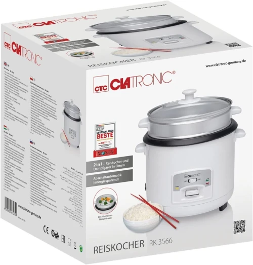 Cuiseur à Riz Clatronic, Capacité 2,5 Litres Pour 2,5 kg De Riz Cuit, 700 W, Acier Inoxydable, Blanc