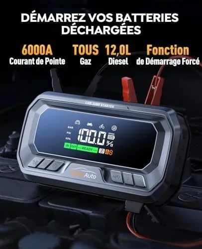 Booster YABER Batterie Voiture 7000A, PD 65W, Compresseur 160PSI, 26800mAh, 600LM LED, Grand Écran