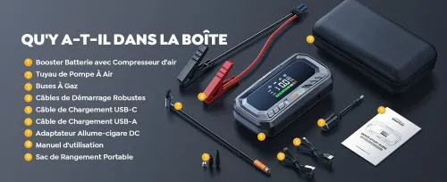 Booster YABER Batterie Voiture 7000A, PD 65W, Compresseur 160PSI, 26800mAh, 600LM LED, Grand Écran