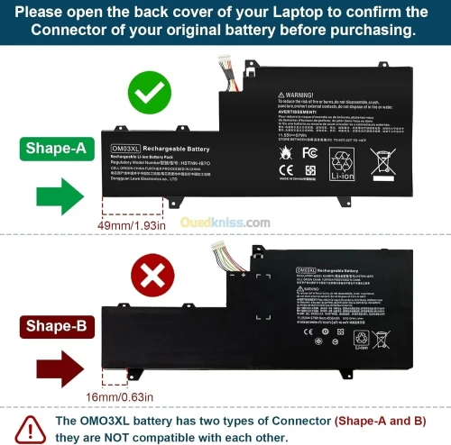 Batterie pour Ordinateur Portable HP EliteBook x360 1030 G2 Série OM03XL OMO3XL OM03057XL 863167-1B1 863167-171 863280-855 HSN-I04C HSTNN-IB70 HSTNN-IB7O 11.5V