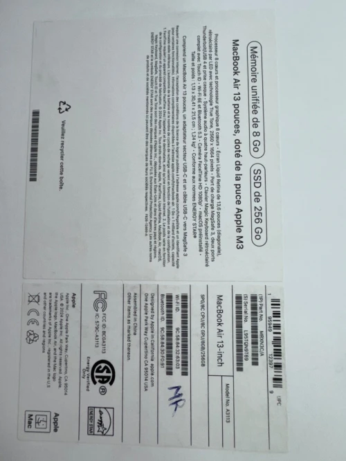 MacBook Air M3 8G 256G batterie 100% cycle 22 comme neuf