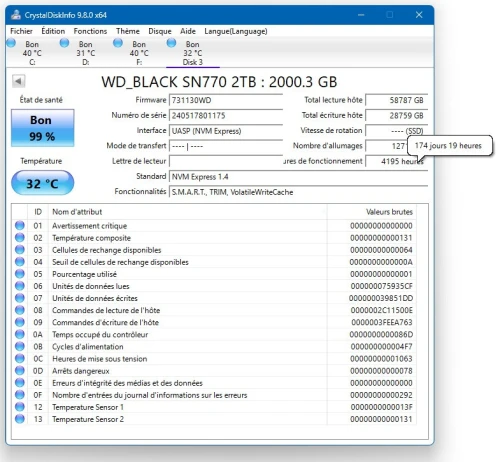 SSD NVME WD BLACK SN770 GEN4 2TO 5150MB/s