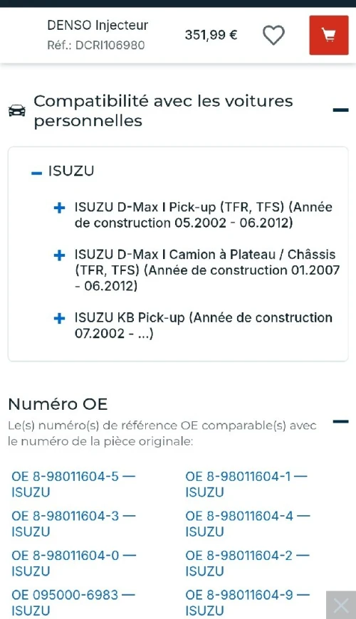 DENSO DCRI106980 Injecteur pour ISUZU D-MAX, KB