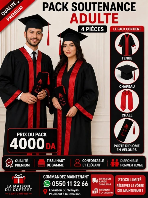 Pack Soutenance Adulte 4 Pièces Premium (Toge + Chapeau + Chall + Porte Diplôme)