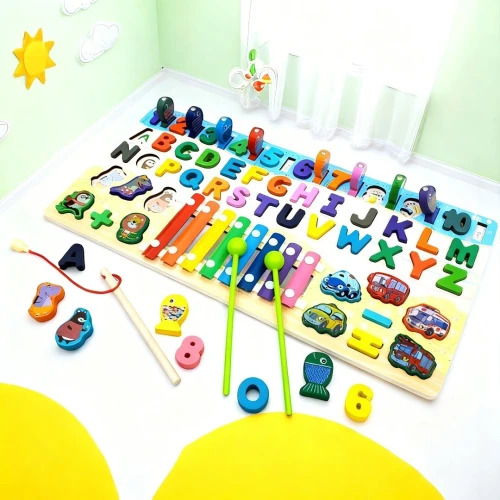 Jouet en bois musicale avec xylophone, lettres et chiffres