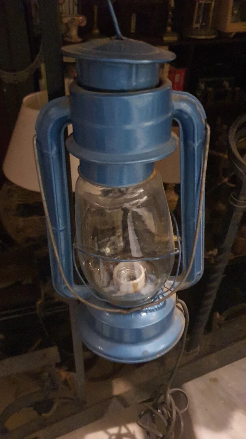 Vintage Lampe tempête à pétrole bleu électrifier douille E27