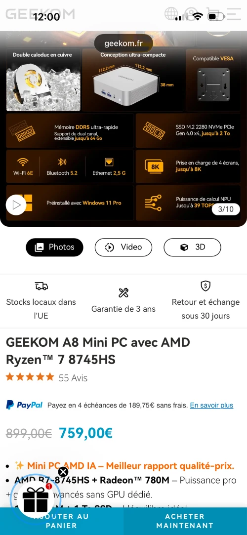 Mini Pc/Mini unité Ryzen 7 DDR5 Nvme