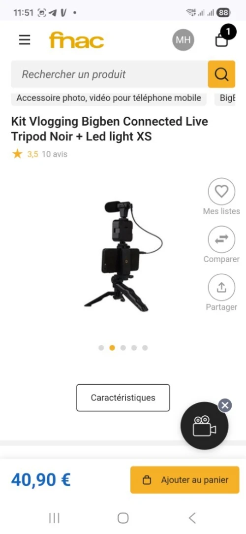 Kit Vlogging Bigben Connected Live Tripod Noir + Led light XS