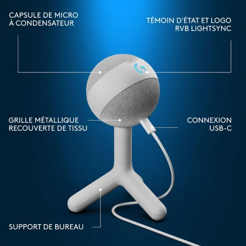 Microphone gaming Logitech G Yeti Orb, USB, RGB, pour PC et Mac, idéal pour le streaming