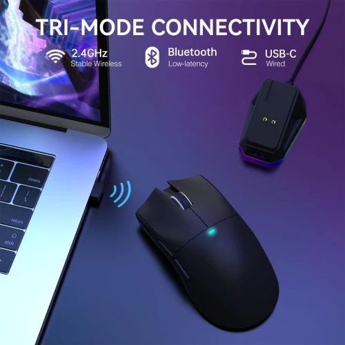 SOURIS GAMING SANS FIL ATTACK SHARK X11 NOIR avec station de charge RGB, triple mode (2,4 GHz/USB-C filaire/BT), 22 000 DPI, capteur optique PAW3311