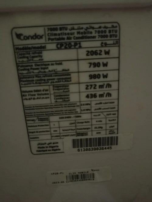 Climatiseur condor portatif 7000 btu