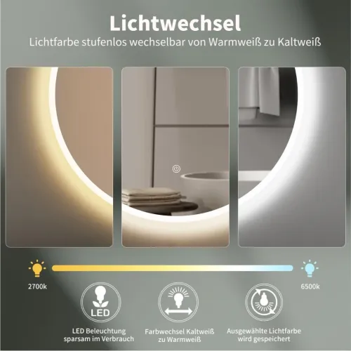 Miroir de Salle de Bain LED Rond 60 cm avec Interrupteur Tactile et Mémoire