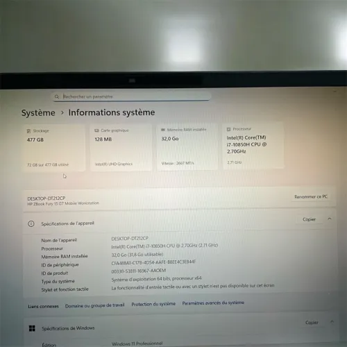 WORKSTATION HP ZBOOK FURY 15 G7 i7 32Go WINDOWS 11 PRO COMME NEUVE