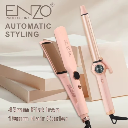Fer à lisser et à boucler professionnel ENZO, nouveau design, plaques larges en céramique, rose, 2 en 1