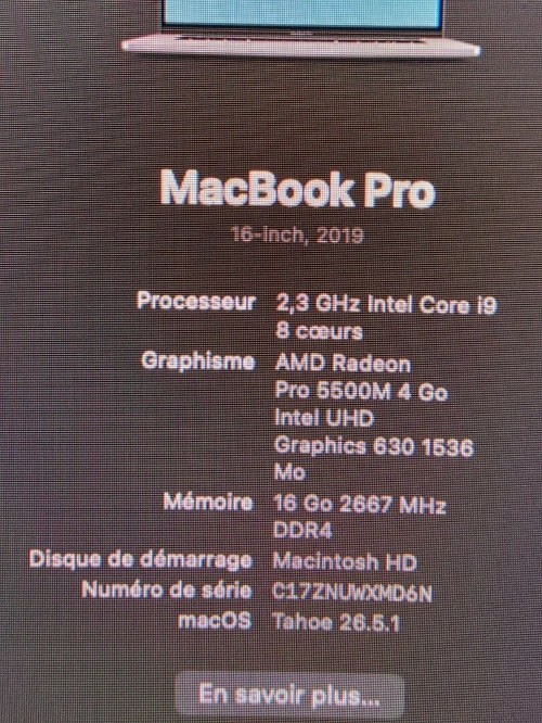 MacBook Pro 16" 2019 i9 8 coeurs 16GB/1TB Nvme AMD Radeon 5500M Pro 4 Go + UHD 1536 Mo Cycle 269