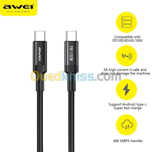 Awei CL-117Tcable PD 100W Type C To Type C Quick Charge 5A NOIR
