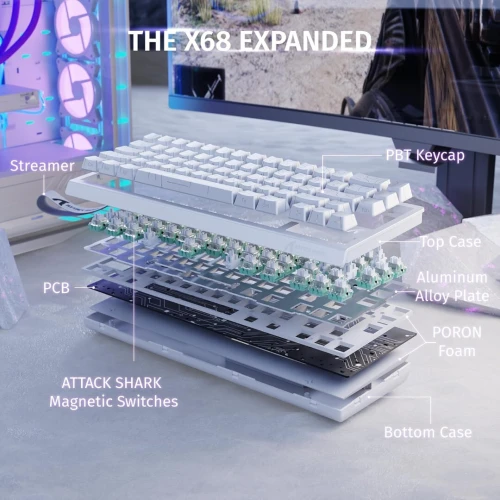 ATTACK SHARK X68 HE Clavier 8000Hz Rapid Trigger Clavier Gamer Filaire RGB 60%