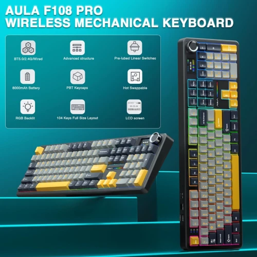 CLAVIER AULA F108 Pro Clavier sans fil RVB 104 touches batterie 8000 mAh pour Mac/PC/Android Qwerty