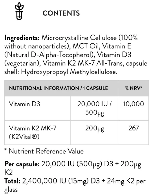 Sunday VITAMINES D3 + K2 MK7 20 000 UI + 200 mcg VEGETARIEN