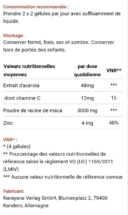 Unimedica (Allemand) Maca noire avec vit C d'acérola et zinc 3000mg par dose quotidienne180 gelules 