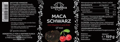 Unimedica (Allemand) Maca noire avec vit C d'acérola et zinc 3000mg par dose quotidienne180 gelules 