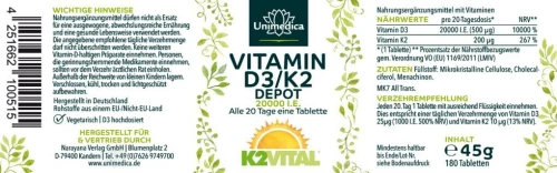 Unimedica Vitamine D3 / K2 mk7 180 comprimés Allemagne فيتامين د3 / ك2 180 قرص من يونيميديكا ألمانيا