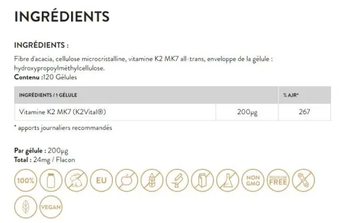 VITAMINE K2 MK7 200mcg tout-trans Vegan 120 gélules à dosage élevé
