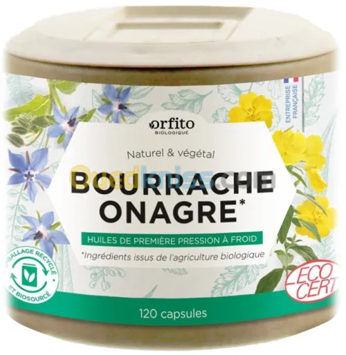 Orfito Huiles d'Onagre et Bourrache Bio 120 capsules زيوت زهرة الربيع المسائية العضوية و لسان الثور