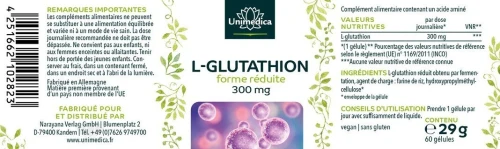 UNIMEDICA L-glutathion réduit 300mg dose élevée, de fermentation naturelle 60 gélules
