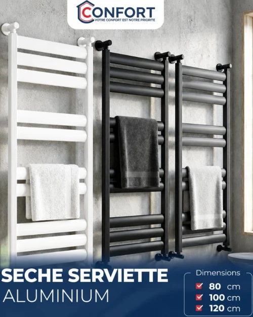 SECHE SERVIETTE EN ALUMINIUM CONFORT BLANC NOIR GRIS 80CM/100CM/120CM