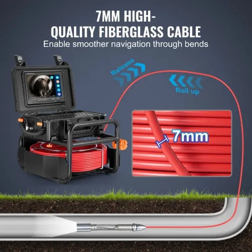 Caméra Endoscope Inspection Canalisation 50 m avec Écran 9'', Émetteur 512 Hz, Compteur de Distance, Étanche IP68, 12 LED, Carte SD 32 Go