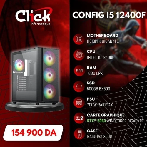 CONFIG /I5 12400F/RTX 5050 WINDFORCE /RAM 16GO LPX/500GO SSD BX500/H610M K GIGABYTE/ RX700W/X606