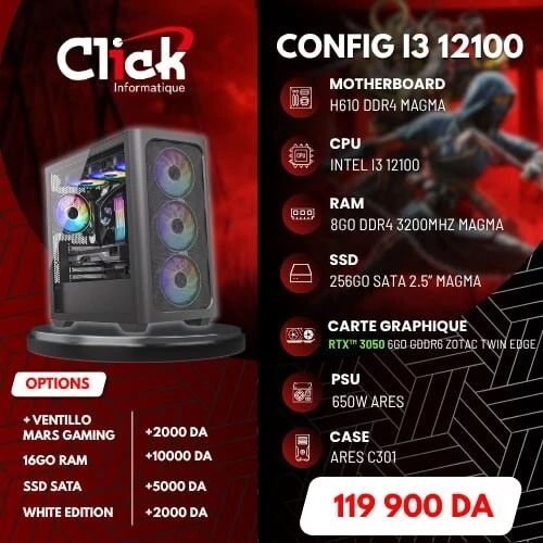 CONFIG / INTEL I3 12100 / H610 MAGMA/RAM 8GO 3200HZ DDR4 MAGMA/SSD 256GO SATA MAGMA/ 650W ARES /ARES C301 4FAN BLACK
