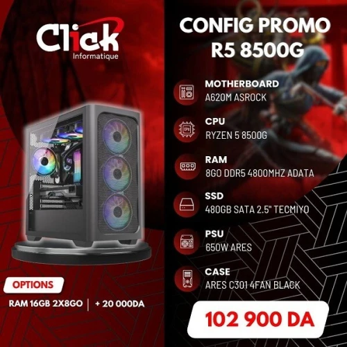 CONFIG / R5 8500G / A620 ASROCK/RAM 8GO 4800MHZ DDR5 ADATA/SSD 480GO SATA TECHMIYO / 650W ARES /ARES C301 4FAN BLACK