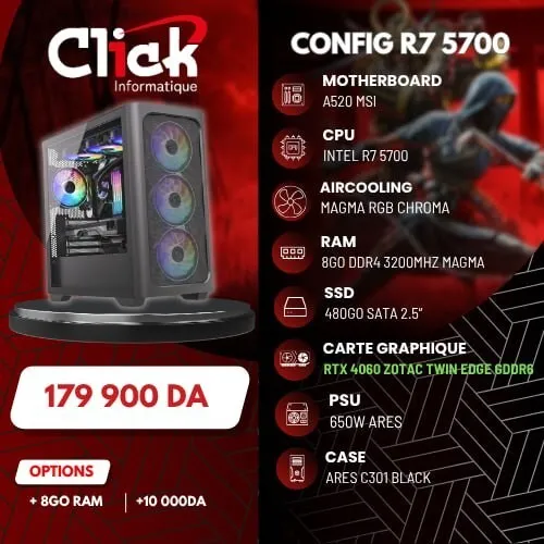 CONFIG / RYZEN 7 5700 / A520 MSI /RAM 8GO 3200HZ DDR4 MAGMA/SSD 480 GO SATA /4060 ZOTAC/ 650W ARES /ARES C301 4FAN BLACK