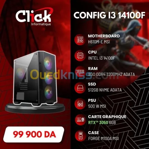 CONFIG I3 14100F H610M-E RTX3050 6GB 500W BOITIER FORGE M100A MSI 8GO 3200MHZ+512 NVME ADATA