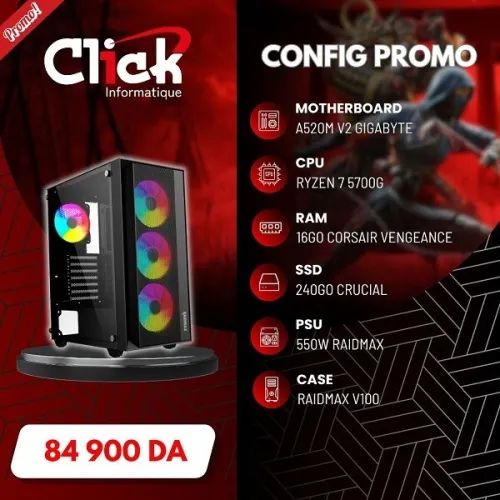 CONFIG / R7 5700G / 16GO RAM / 240GO SSD / A520M V2-GIGABYTE / 550W PSU /RAIDMAX V100 BLACK