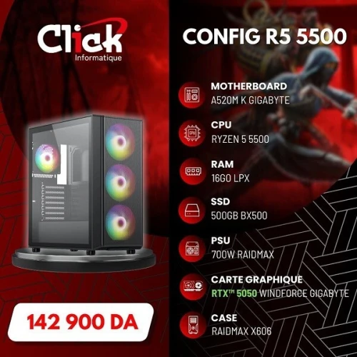 CONFIG /R5 5500/RTX 5050 WINDFORCE /RAM 16GO LPX/500GO SSD BX500/A520M K GIGABYTE/ RX700W/X606